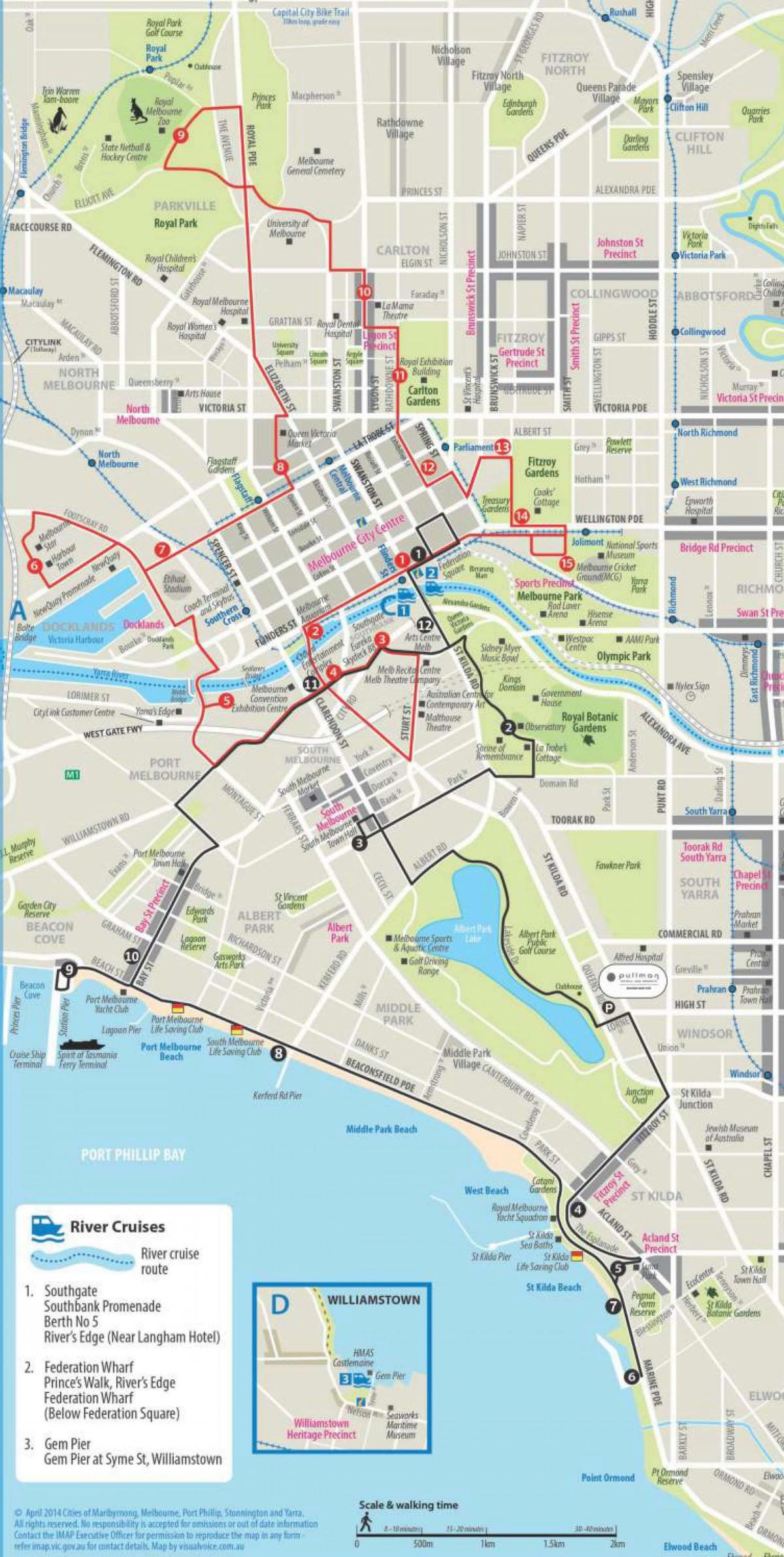 メルボルンのホップオンホップオフバスツアーの地図