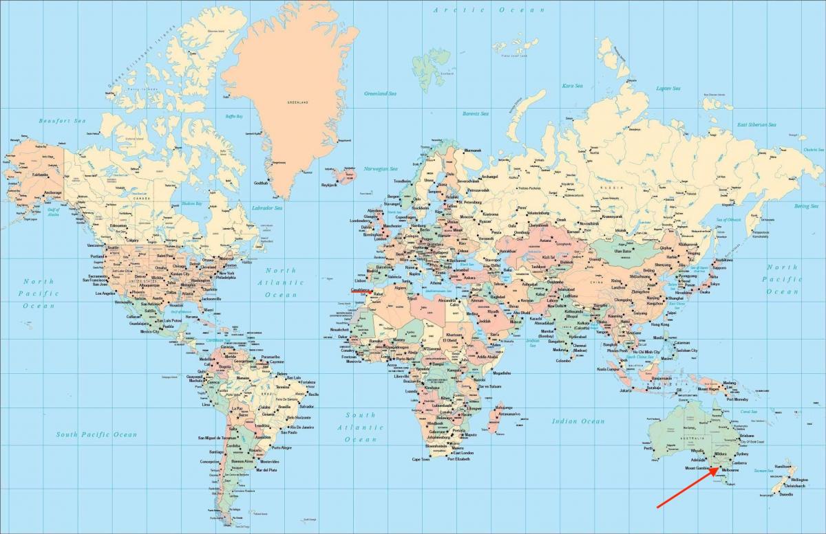 世界地図上のメルボルンの位置